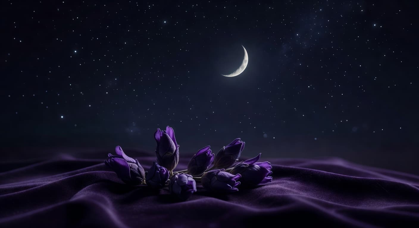 Purple indica buds on velvet with moon and stars — best indica strains for sleep