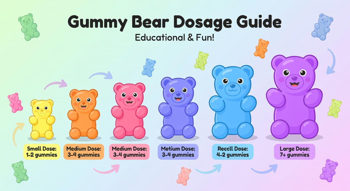 Colorful THC dosage chart with graduated gummy bears — cannabis edibles dosage guide