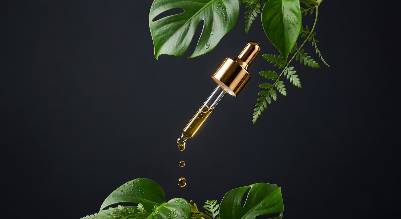 CBD oil dropper with golden liquid against dark background — comprehensive CBD oil guide