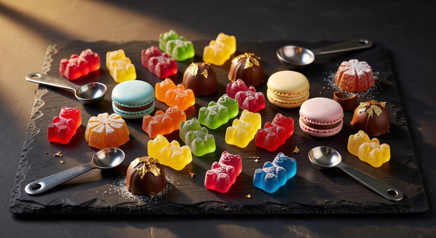 Assorted colorful gummies and edibles on dark slate with dosage measurement tools — cannabis edible dosing guide