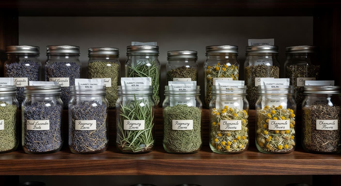 Glass mason jars with cannabis on dark wood shelf — proper cannabis storage guide